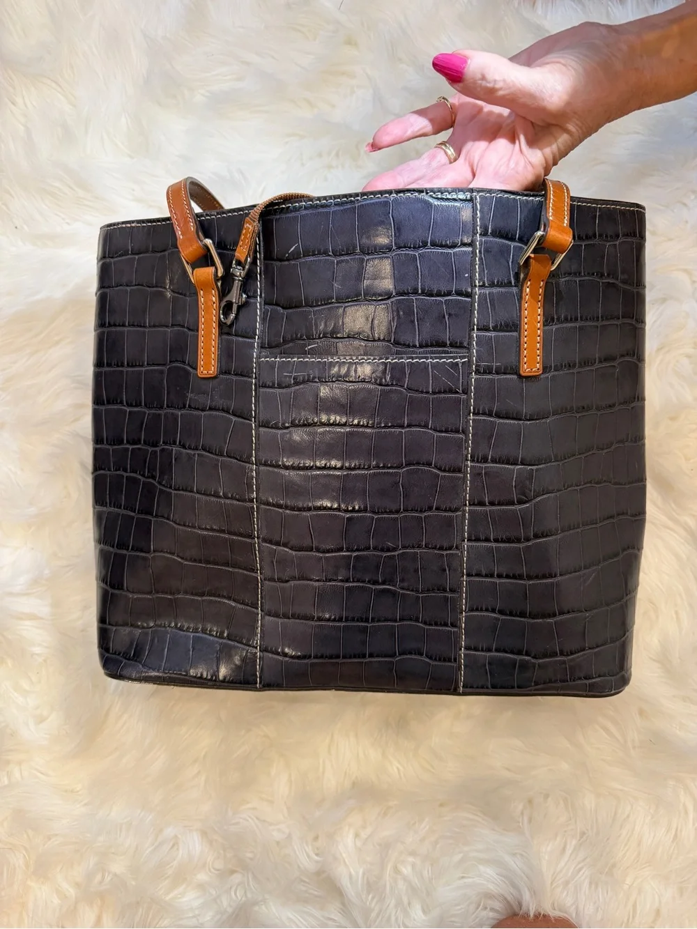 Dooney & Bourke Black Croc-Embossed Tote with Tan Trim